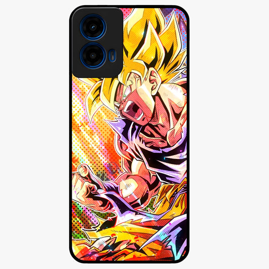 Firing Goku Glass Case showing flat back view with powerful anime inspired artwork and glossy glass finish.