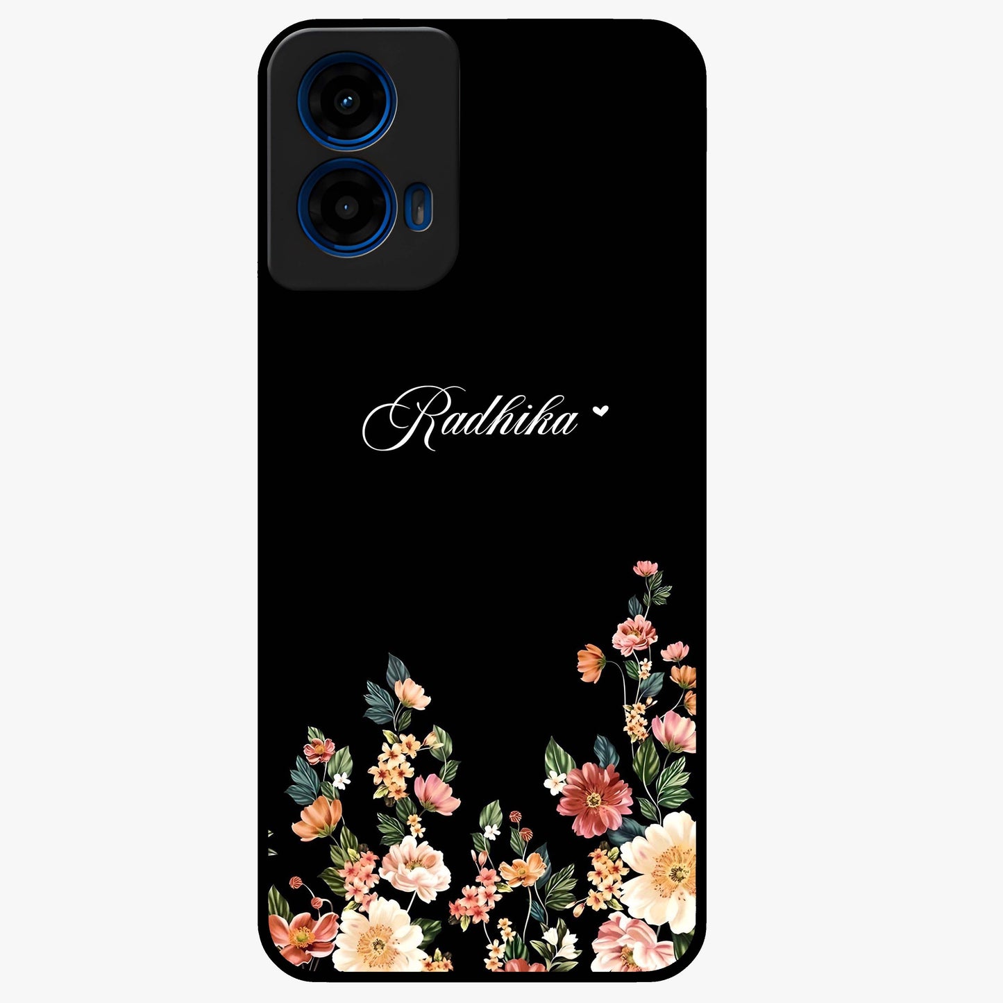 Floral Design With a Custom Personalized Name Glass Case showing flat back view with floral artwork and personalized name design.
