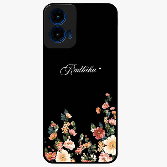Floral Design With a Custom Personalized Name Glass Case showing flat back view with floral artwork and personalized name design.