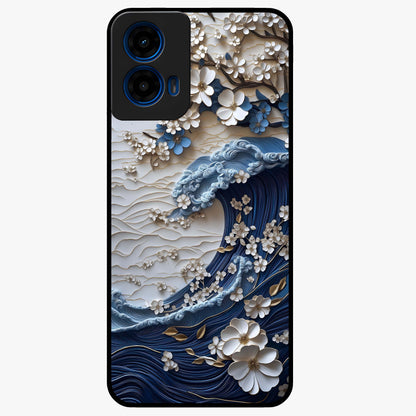Floral Wave Origami Glass Case showing flat back view with origami inspired floral wave artwork and glossy glass finish.