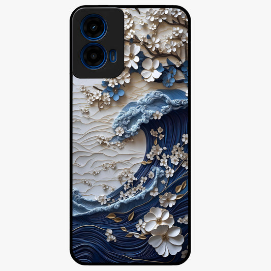 Floral Wave Origami Glass Case showing flat back view with origami inspired floral wave artwork and glossy glass finish.