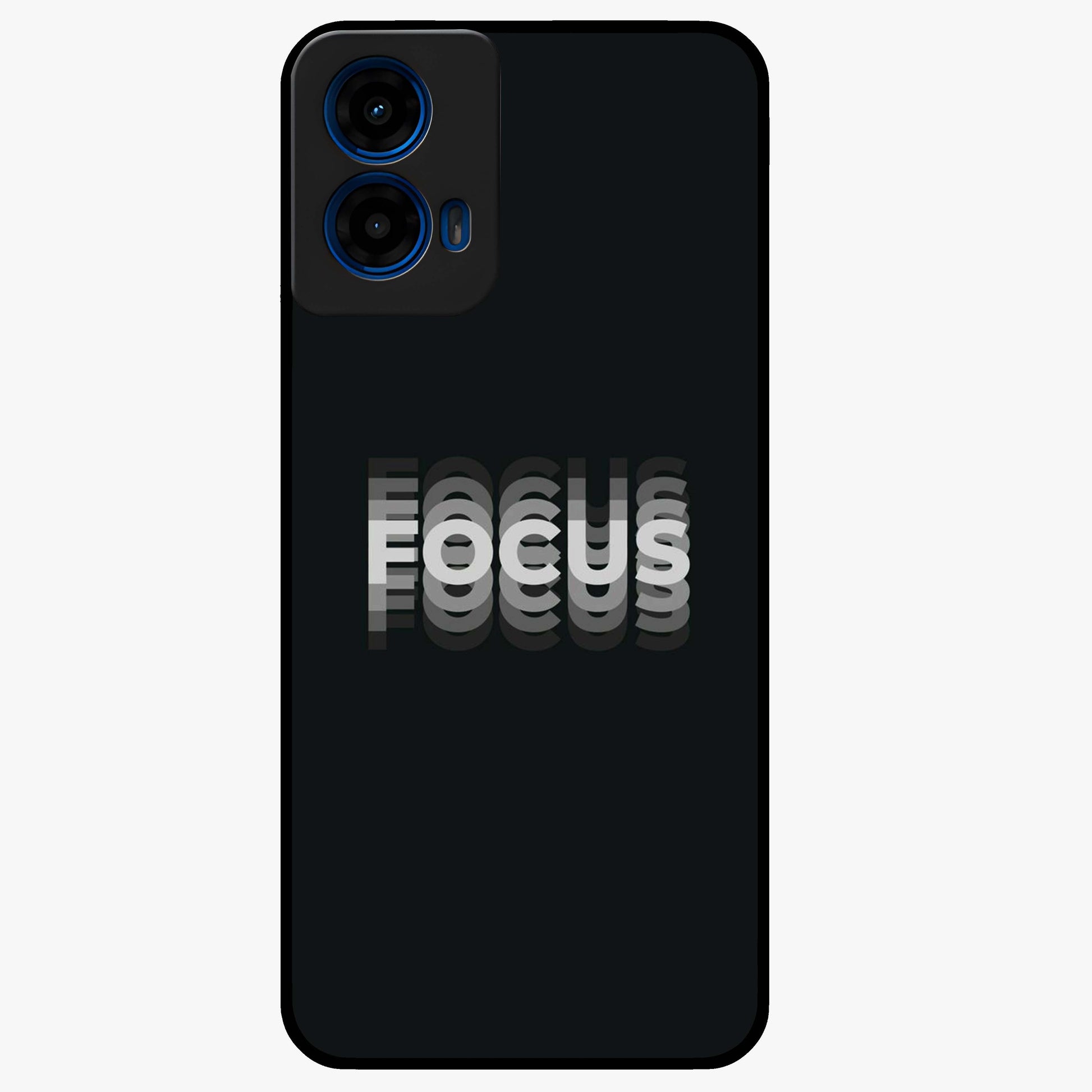 Focus Mode On Glass Case showing flat back view with bold motivational typography design and glossy glass finish.