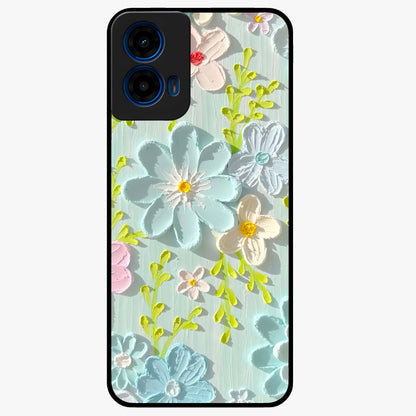 Frosted Petal Garden Glass Case showing flat back view with soft frosted floral artwork and glossy glass finish.
