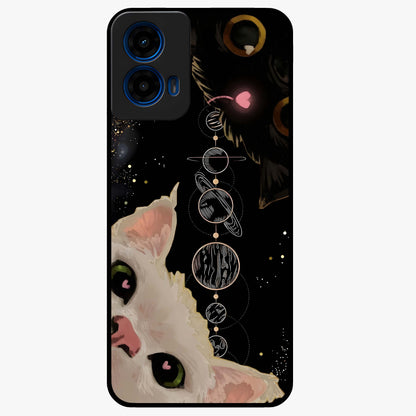 Galactic Cat Glass Case showing flat back view with cosmic cat artwork and glossy glass finish.