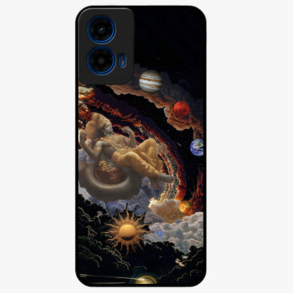 Galactic Divine God Glass Case showing flat back view with divine cosmic themed artwork and glossy glass finish.