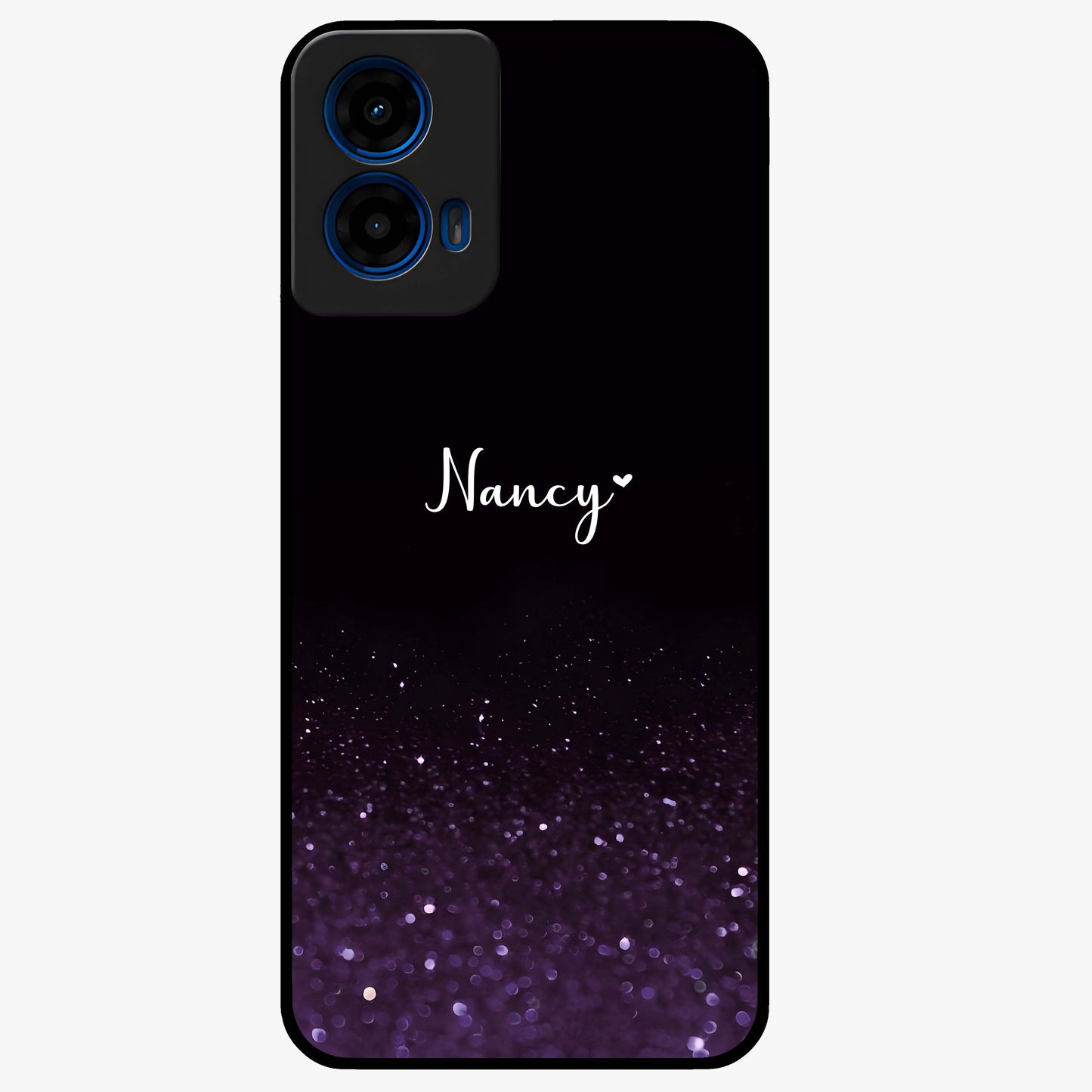 Glittery Purple Bokeh Custom Name Glass Case showing flat back view with purple bokeh sparkle artwork and personalized name design.