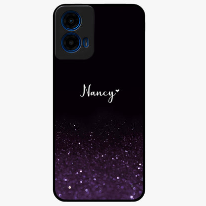Glittery Purple Bokeh Custom Name Glass Case showing flat back view with purple bokeh sparkle artwork and personalized name design.