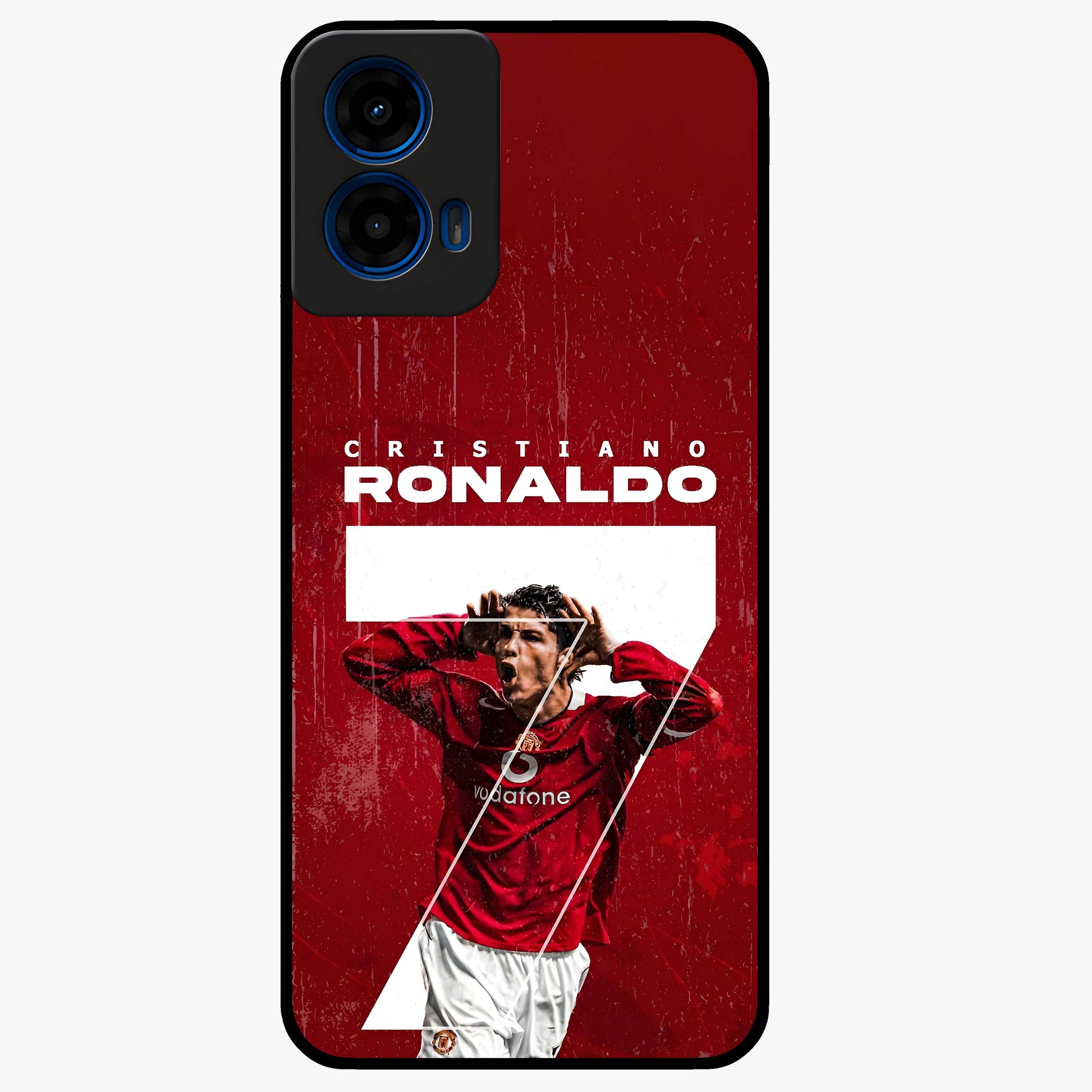 Goal Celebration Legacy Glass Case showing flat back view with football celebration inspired artwork and glossy glass finish.