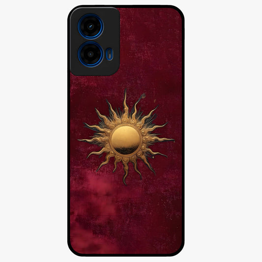 Gold Sun Blush Glass Case showing flat back view with golden sun inspired artwork and glossy glass finish.