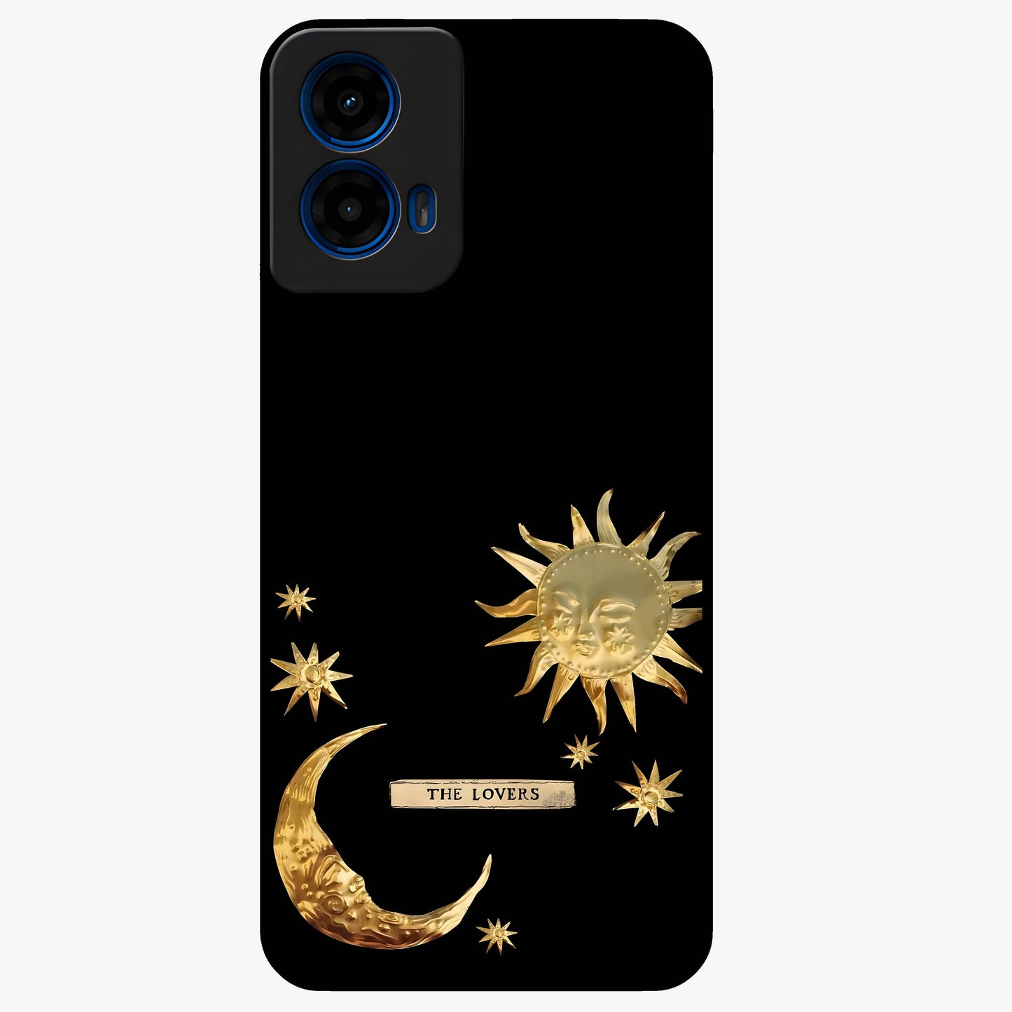 Golden Celestial Charm Glass Case showing flat back view with golden celestial charm artwork and glossy glass finish.
