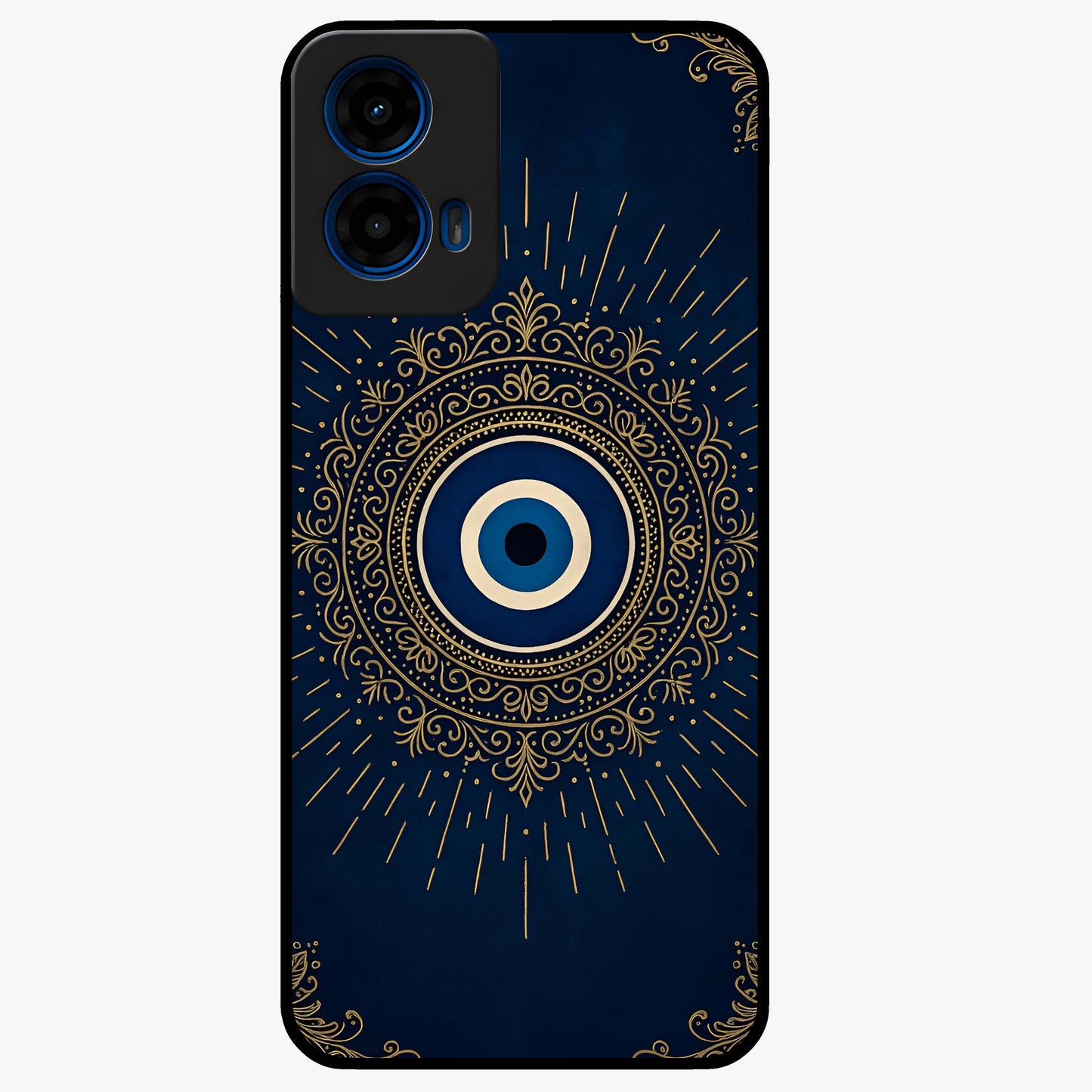 Golden Evil Eye Mandala Glass Case showing flat back view with intricate evil eye mandala artwork and glossy glass finish.