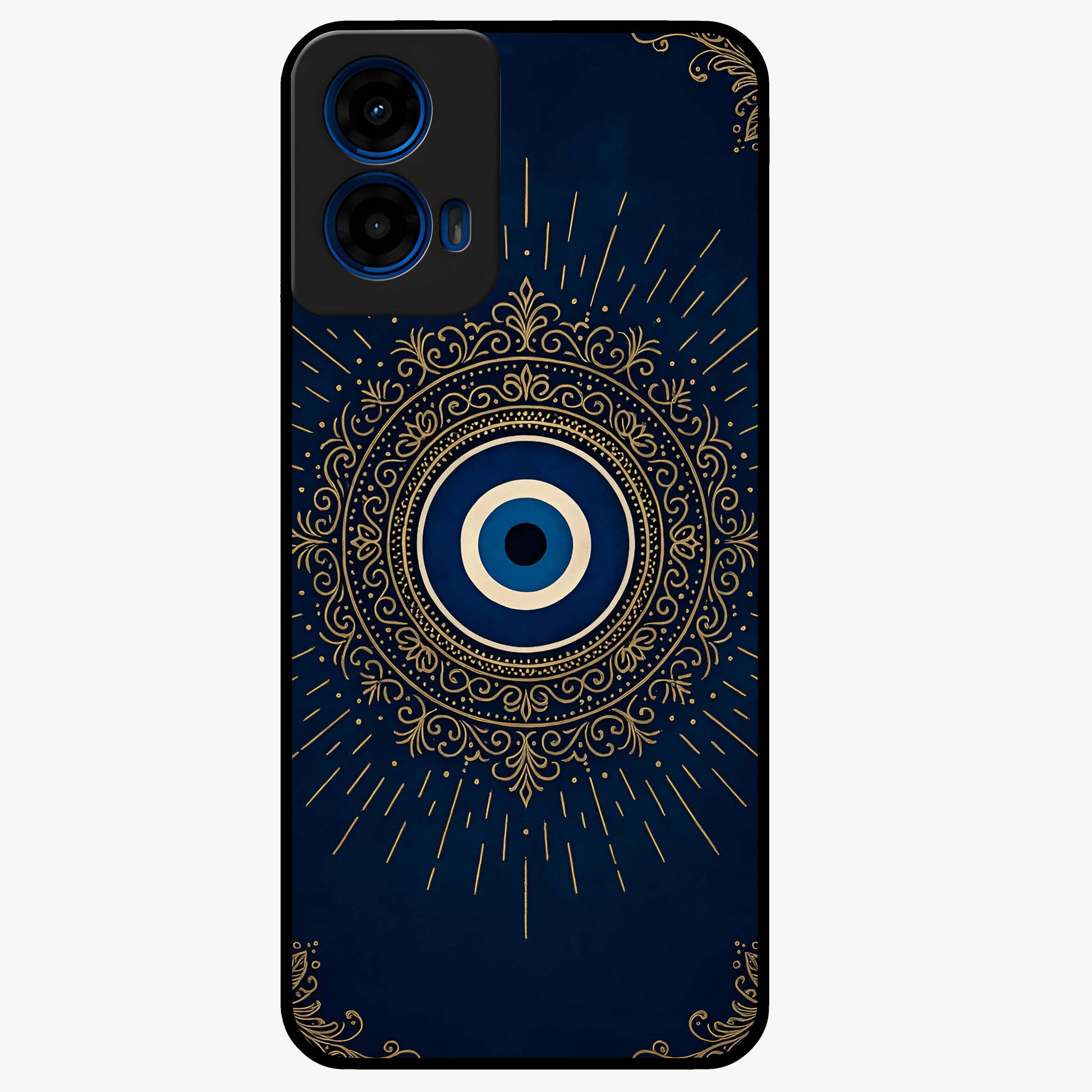 Golden Evil Eye Mandala Glass Case showing flat back view with intricate evil eye mandala artwork and glossy glass finish.