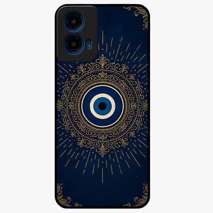 Golden Evil Eye Mandala Glass Case showing flat back view with intricate evil eye mandala artwork and glossy glass finish.