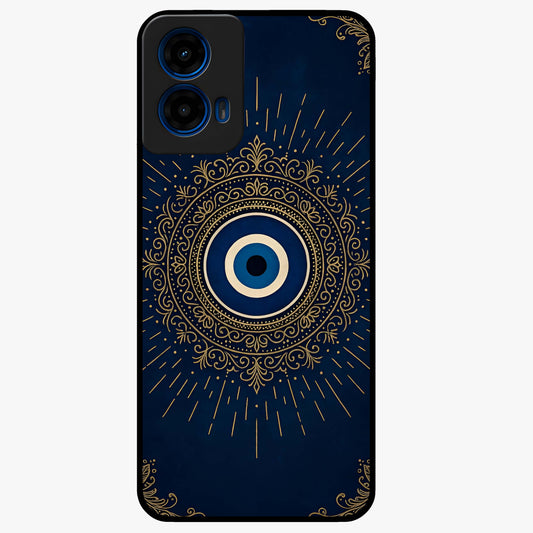 Golden Evil Eye Mandala Glass Case showing flat back view with intricate evil eye mandala artwork and glossy glass finish.