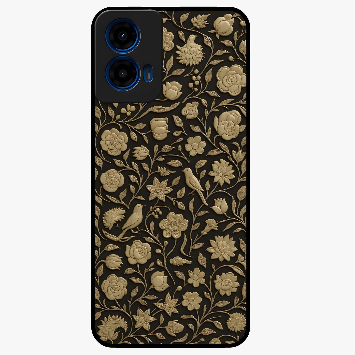 Golden Floral Majesty Glass Case showing flat back view with luxurious golden floral artwork and glossy glass finish.