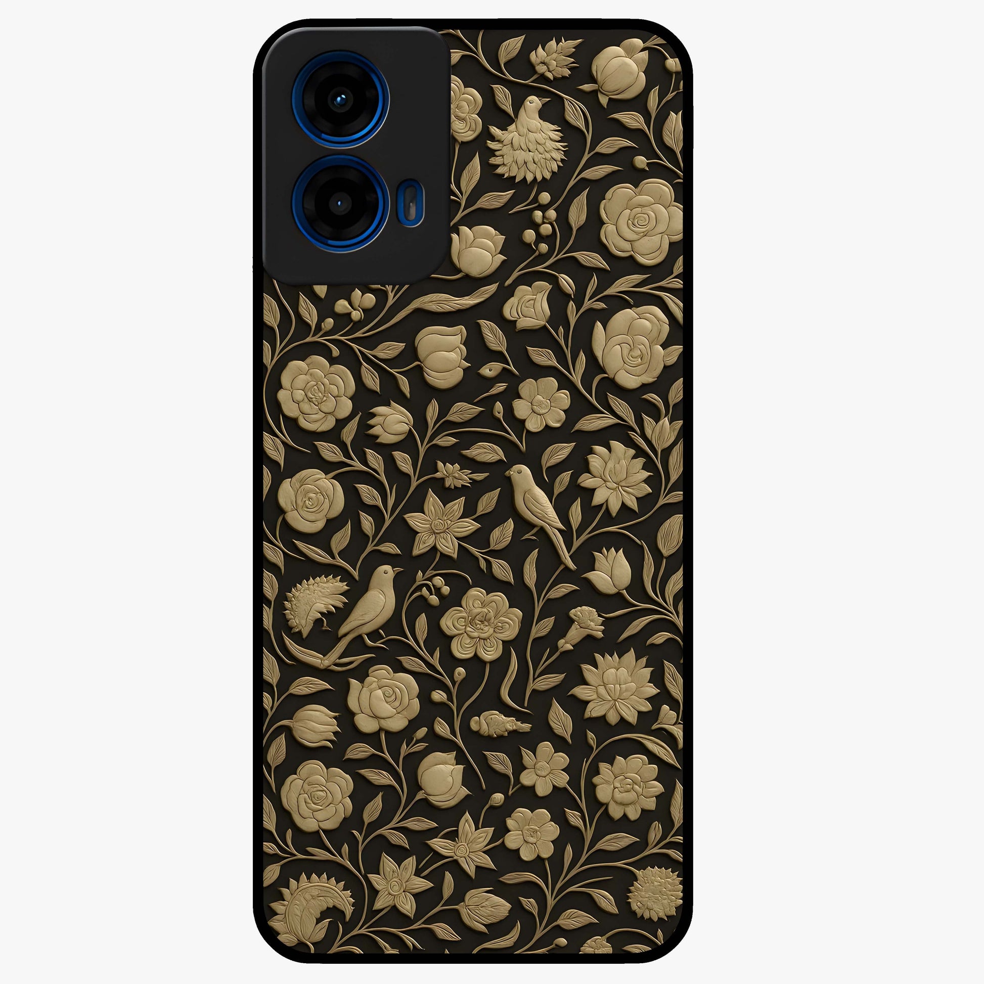 Golden Floral Majesty Glass Case showing flat back view with luxurious golden floral artwork and glossy glass finish.