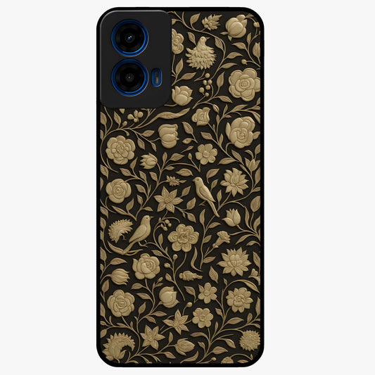 Golden Floral Majesty Glass Case showing flat back view with luxurious golden floral artwork and glossy glass finish.