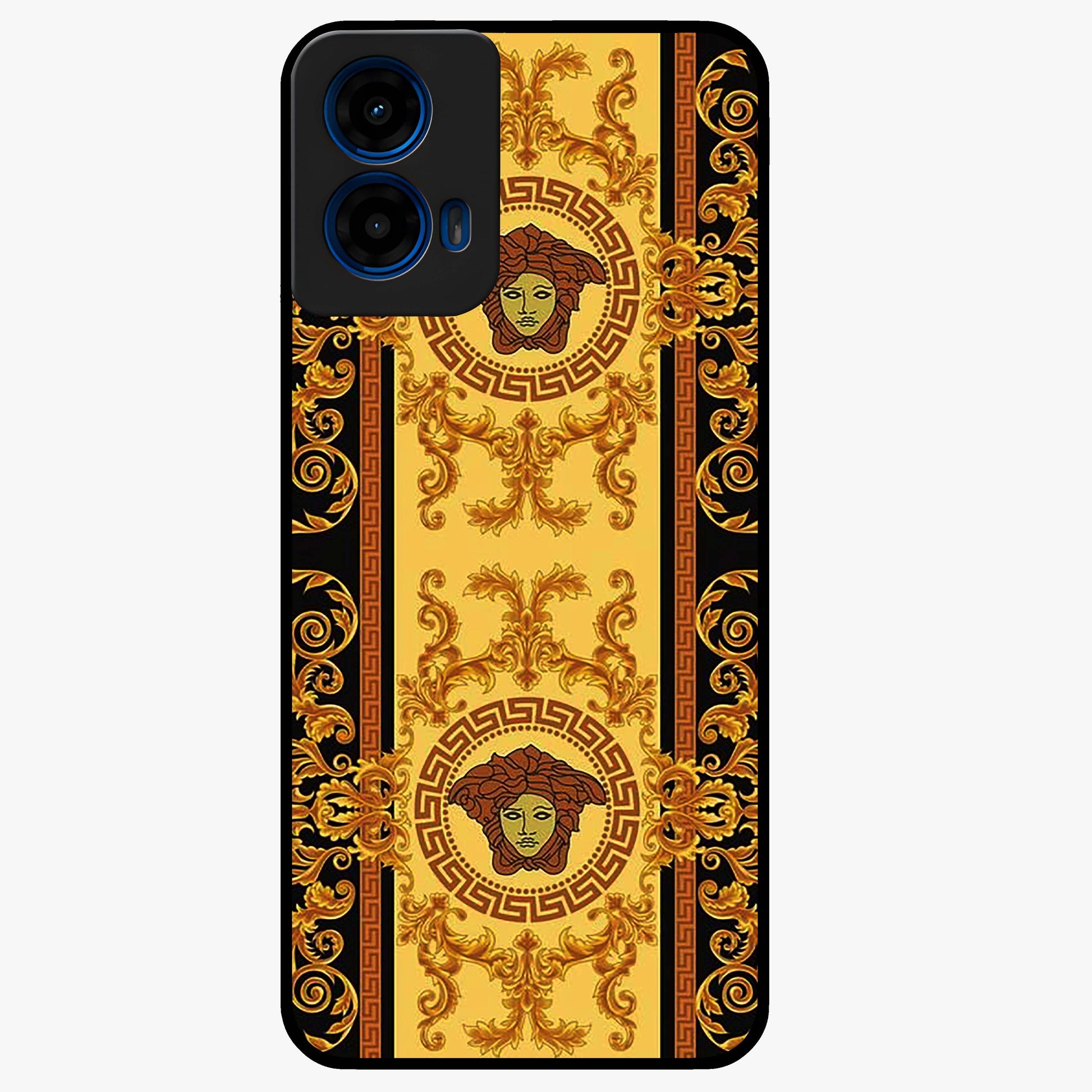 Golden Royal Heritage Glass Case showing flat back view with ornate royal pattern artwork and glossy glass finish.