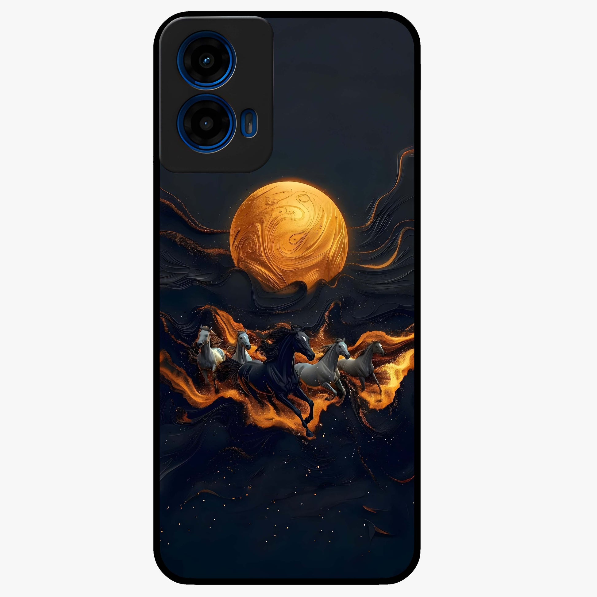Golden Stallion Moonride Glass Case showing flat back view with majestic horse under moonlight artwork and glossy glass finish.