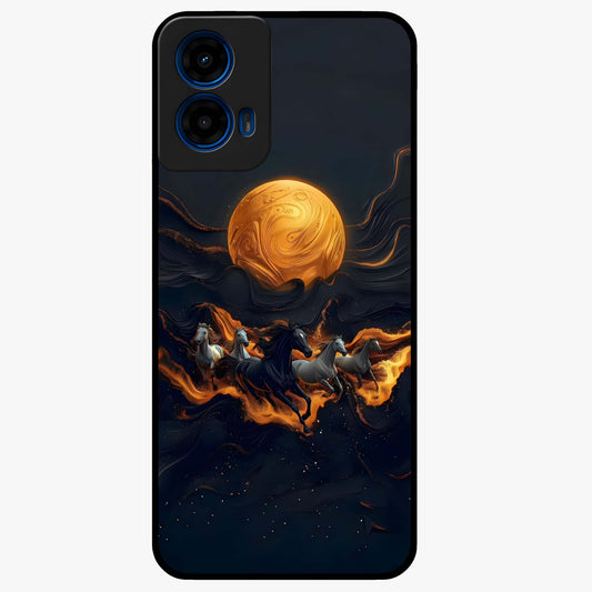 Golden Stallion Moonride Glass Case showing flat back view with majestic horse under moonlight artwork and glossy glass finish.