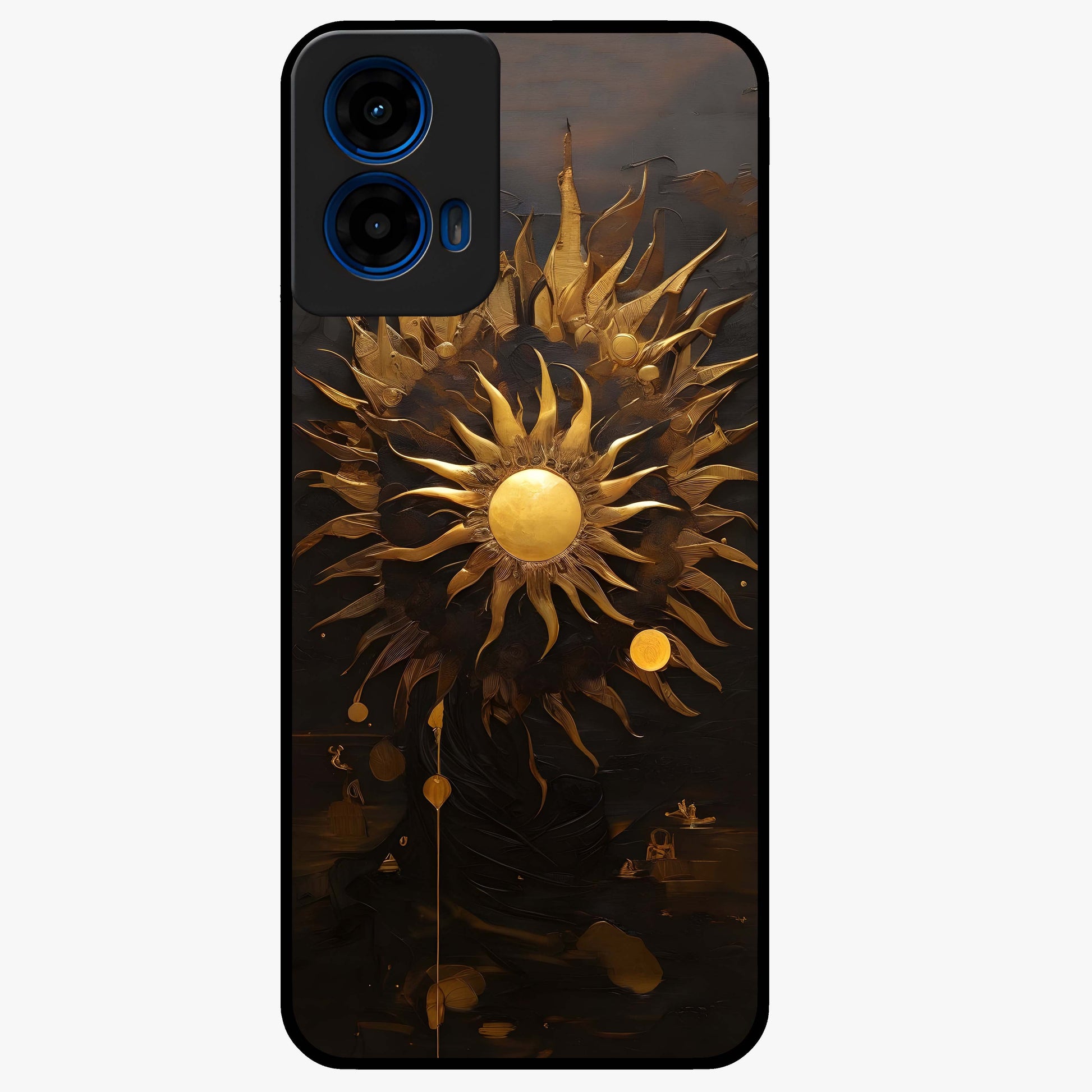 Golden Sun Majesty Glass Case showing flat back view with radiant golden sun artwork and glossy glass finish.