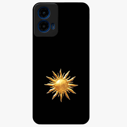 Golden Sun Minimalism Glass Case showing flat back view with minimal golden sun artwork and glossy glass finish.