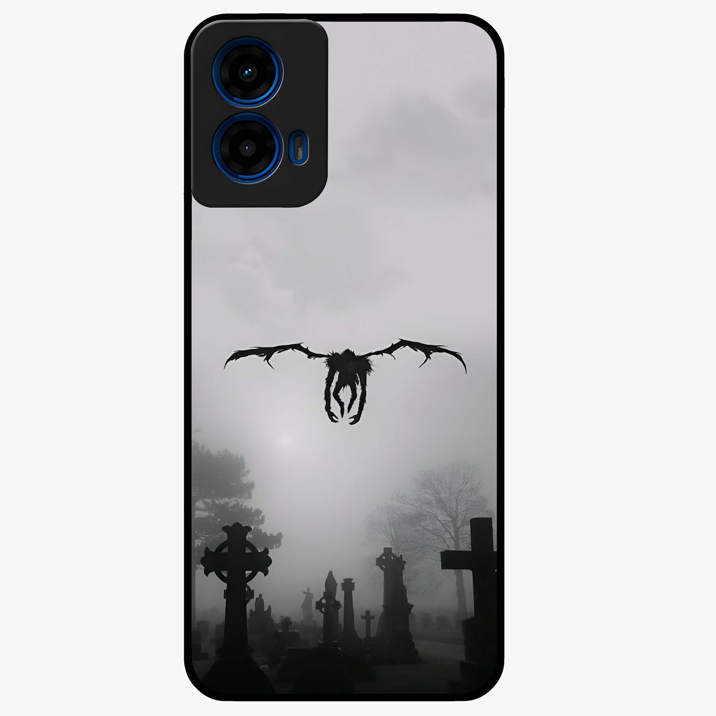 Graveyard Shadow Descent Glass Case showing flat back view with dark graveyard themed artwork and glossy glass finish.
