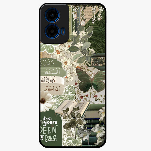Green Islamic Books Quotes Glass Case showing flat back view with Islamic quotes and book themed artwork and glossy glass finish.