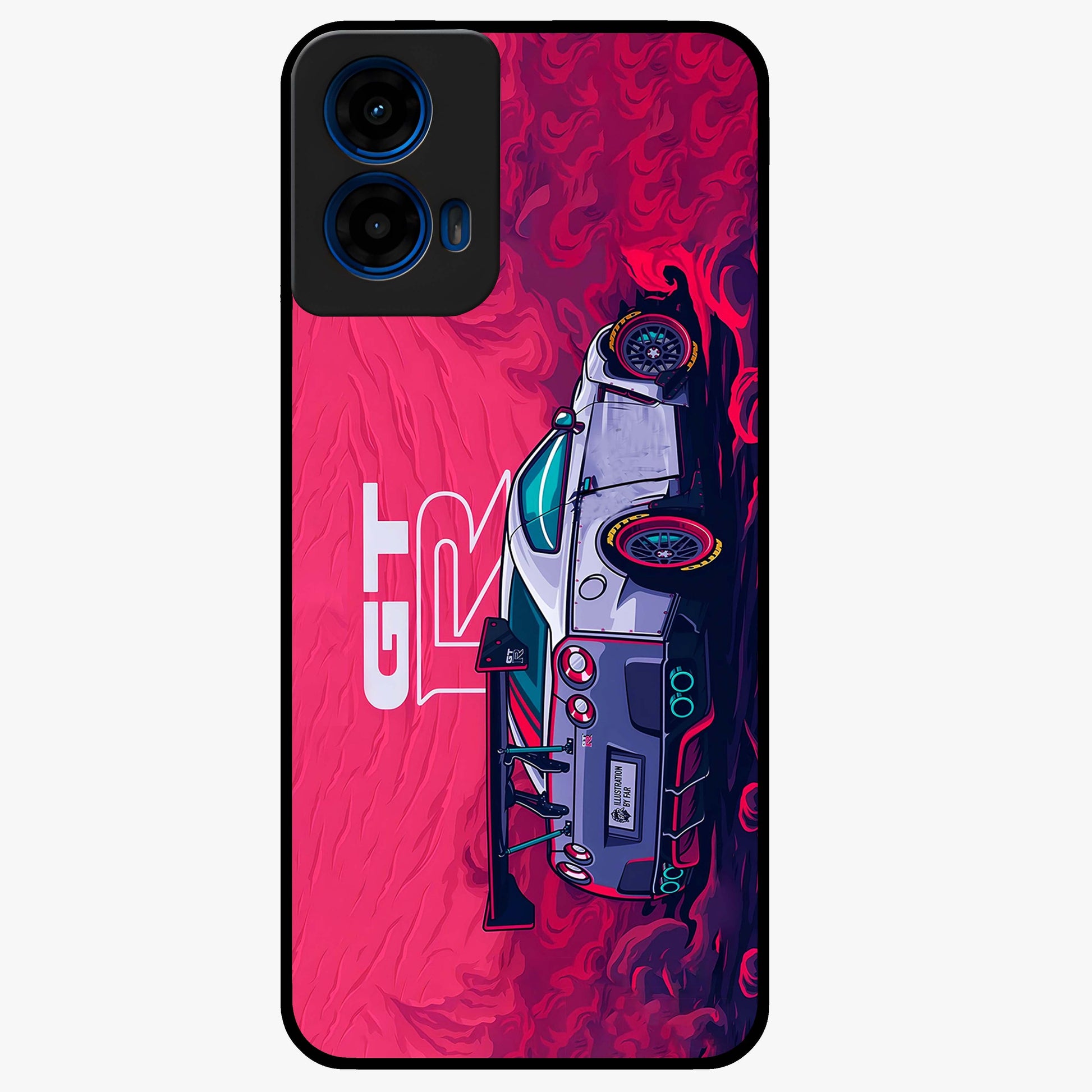 GT-R Car Pattern Glass Case showing flat back view with sporty car inspired pattern artwork and glossy glass finish.