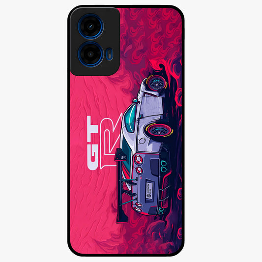 GT-R Car Pattern Glass Case showing flat back view with sporty car inspired pattern artwork and glossy glass finish.