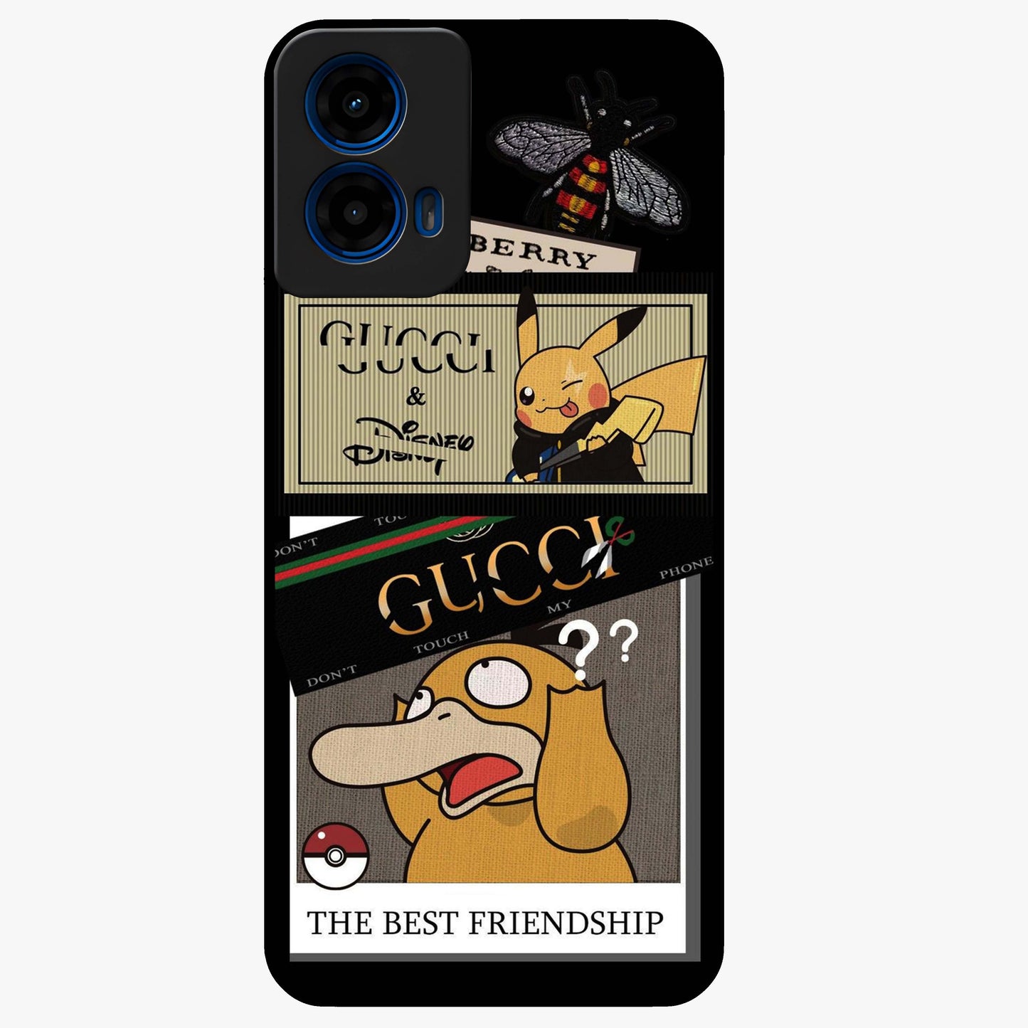 Gucci Play Mashup Glass Case showing flat back view with luxury inspired graphic artwork and glossy glass finish.