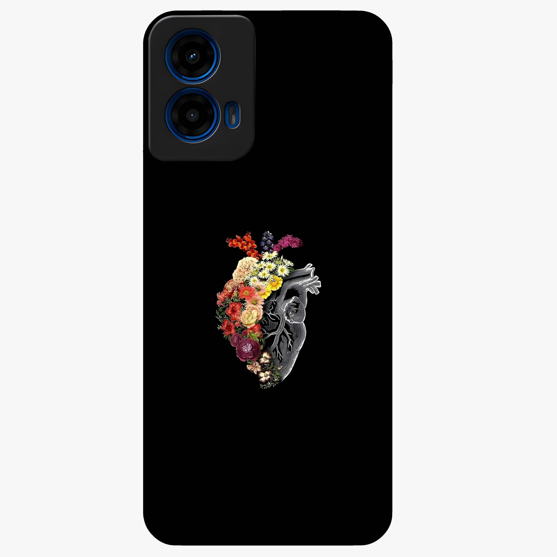 Heart With Flowers Glass Case showing flat back view with heart shaped floral artwork and glossy glass finish.