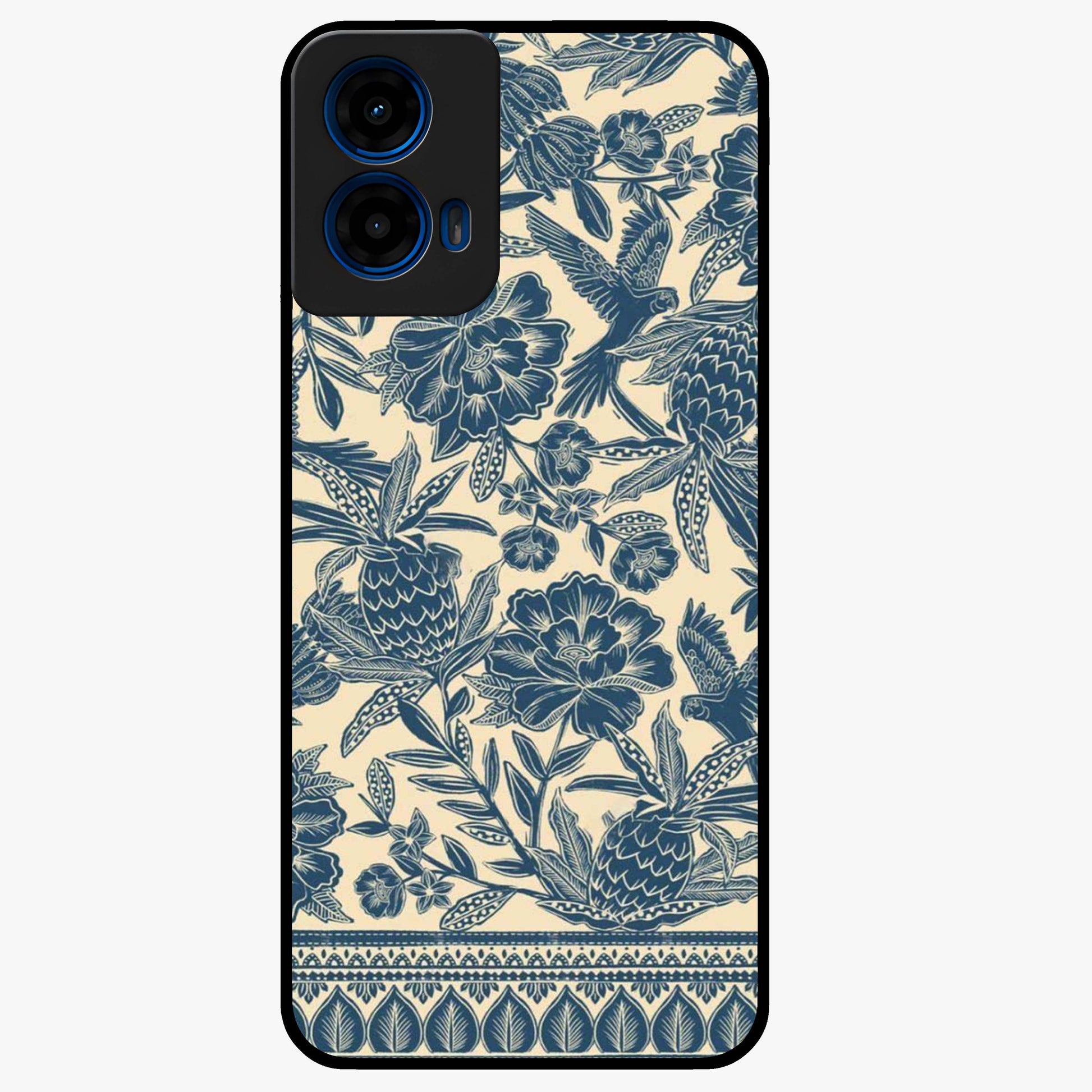 Heirloom Wild Bloom Glass Case showing flat back view with vintage inspired wild flower artwork and glossy glass finish.
