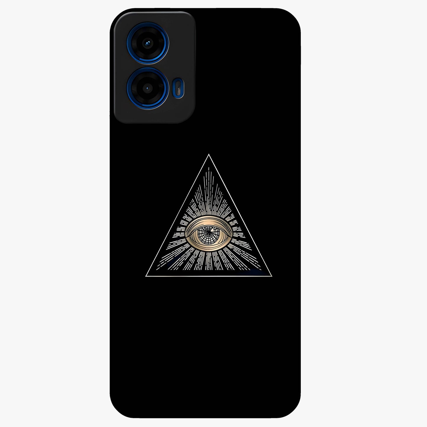 Illuminati Evil Glass Case showing flat back view with mysterious illuminati symbol artwork and glossy glass finish.