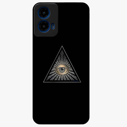 Illuminati Evil Glass Case showing flat back view with mysterious illuminati symbol artwork and glossy glass finish.