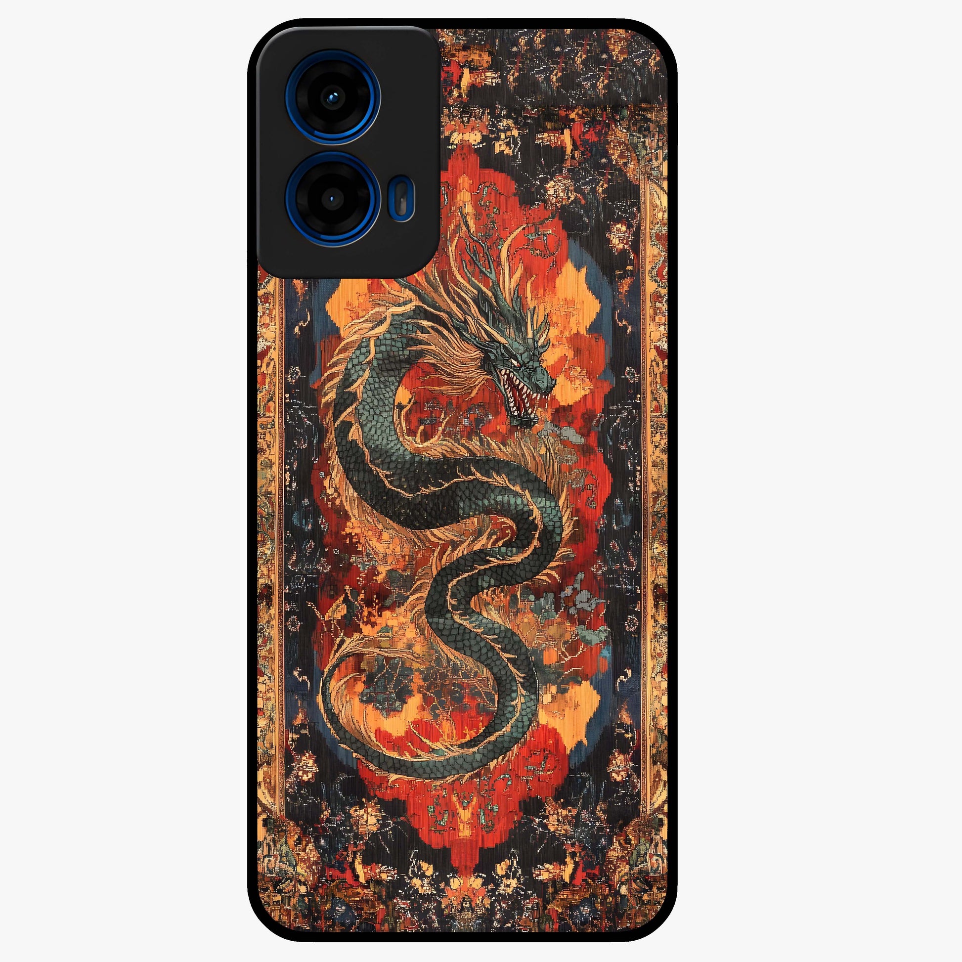 Inferno Dragon Soul Glass Case showing flat back view with fiery dragon artwork and glossy glass finish.