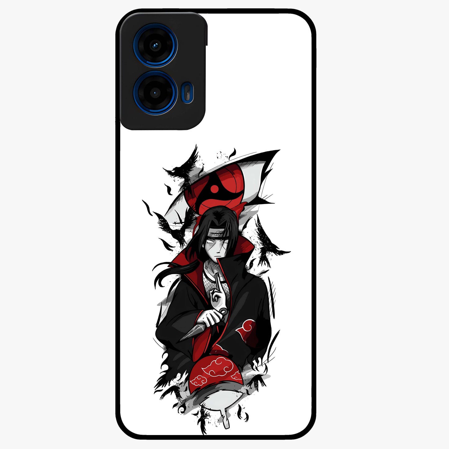 Itachi Sharingan Glass Case showing flat back view with powerful anime eye artwork and glossy glass finish.