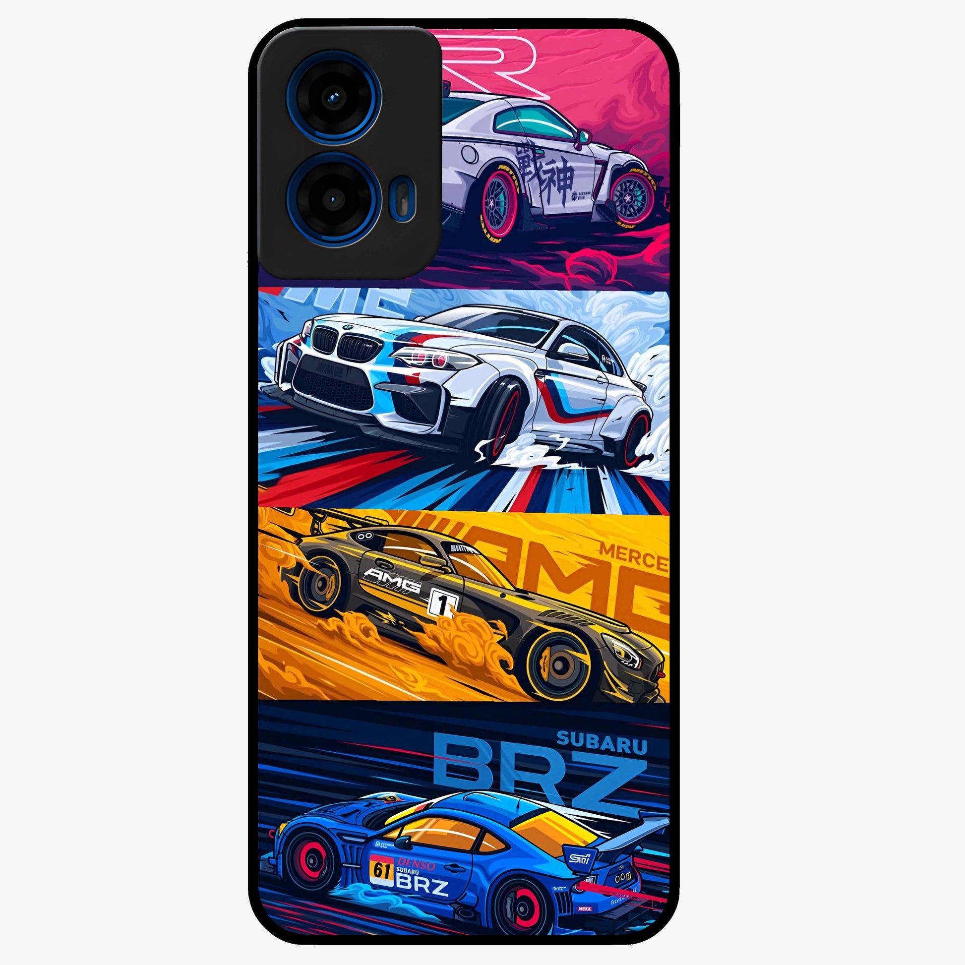 JDM Sports Car Glass Case showing flat back view with high performance sports car artwork and glossy glass finish.