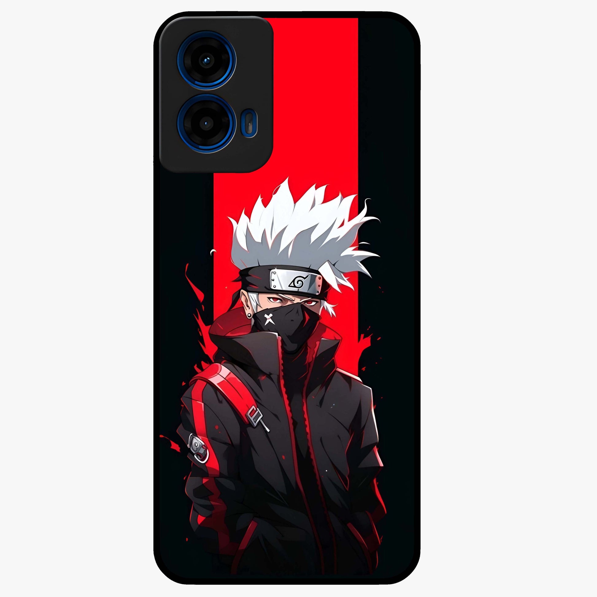 Kakashi Scarlet Shadow Glass Case showing flat back view with powerful anime ninja artwork and glossy glass finish.