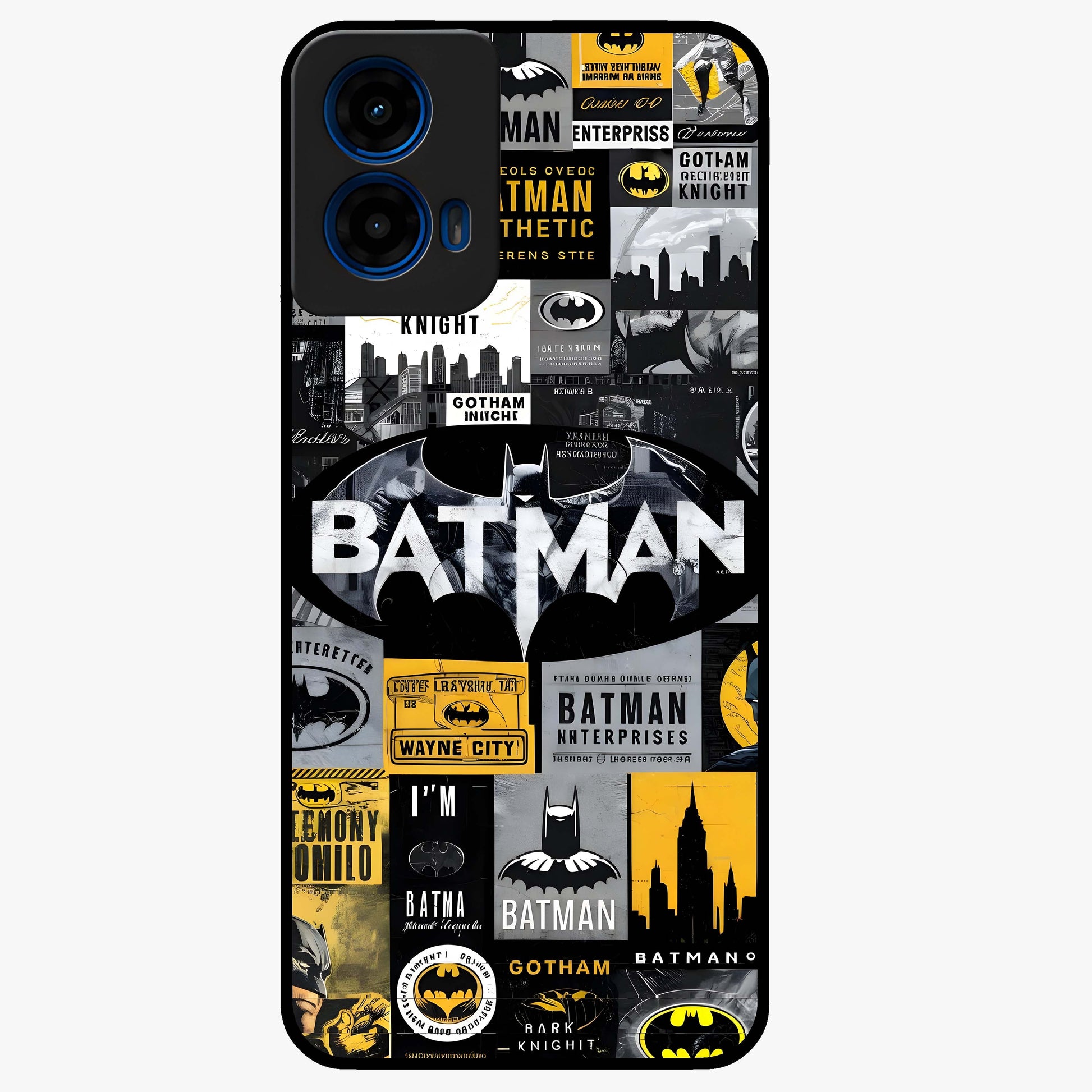 Knight Gotham Rise Glass Case showing flat back view with dark hero inspired artwork and glossy glass finish.