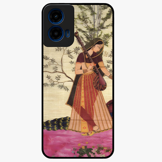 Lady With Veena Art Glass Case showing flat back view with elegant woman playing veena artwork and glossy glass finish.