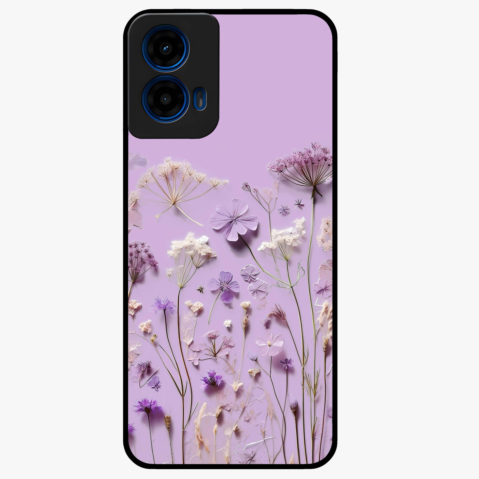 Lavender Blossom Dream Glass Case showing flat back view with soft lavender floral artwork and glossy glass finish.