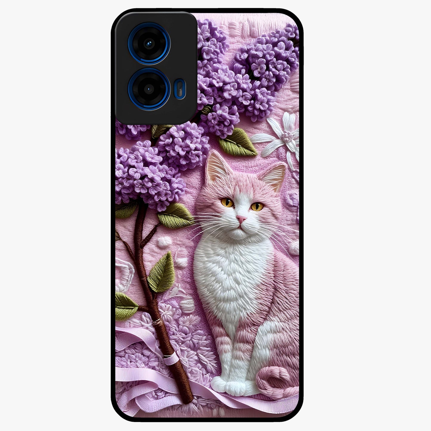 Lavender Cat Whimsy Glass Case showing flat back view with cute lavender cat artwork and glossy glass finish.