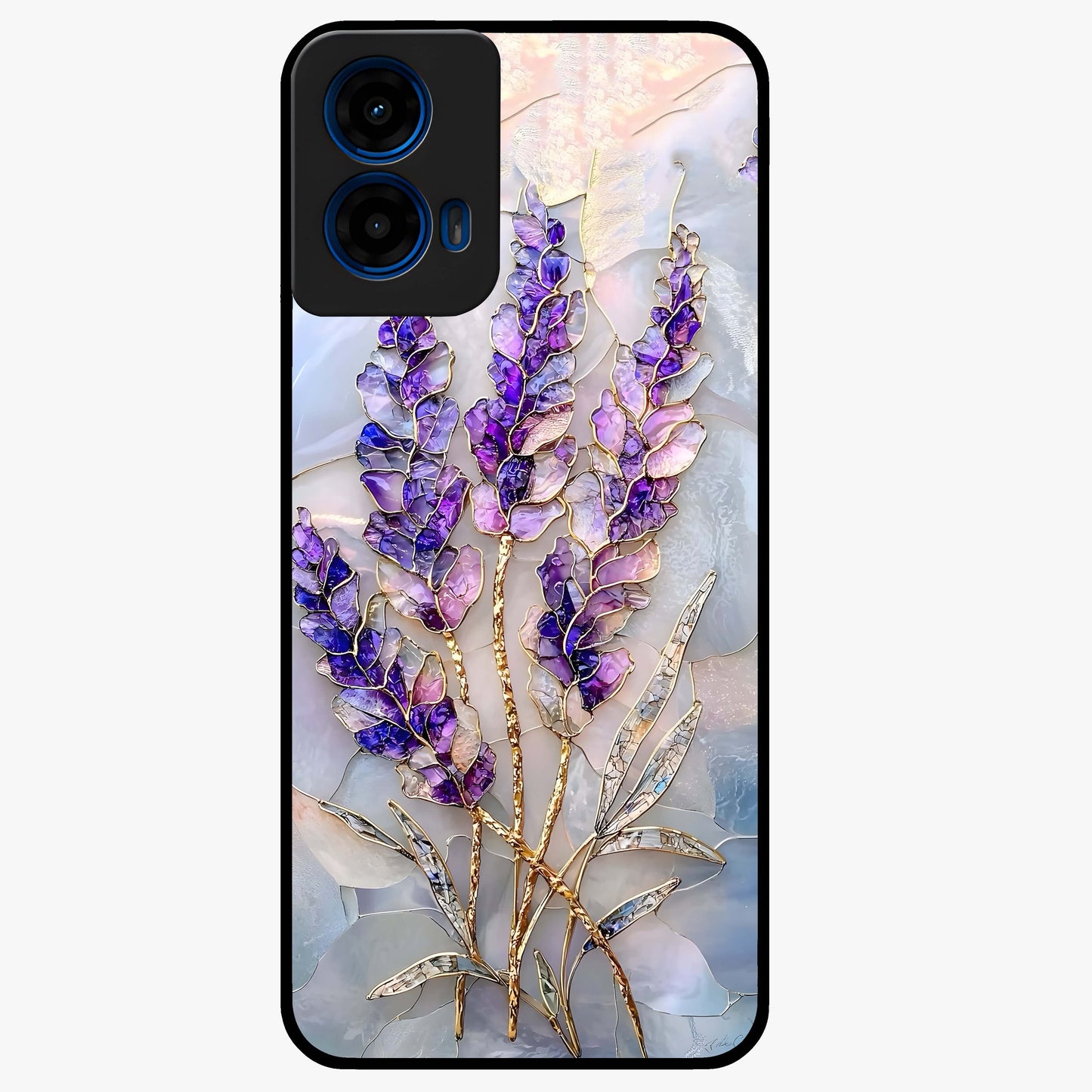 Lavender Dream Glow Glass Case showing flat back view with glowing lavender aesthetic artwork and glossy glass finish.