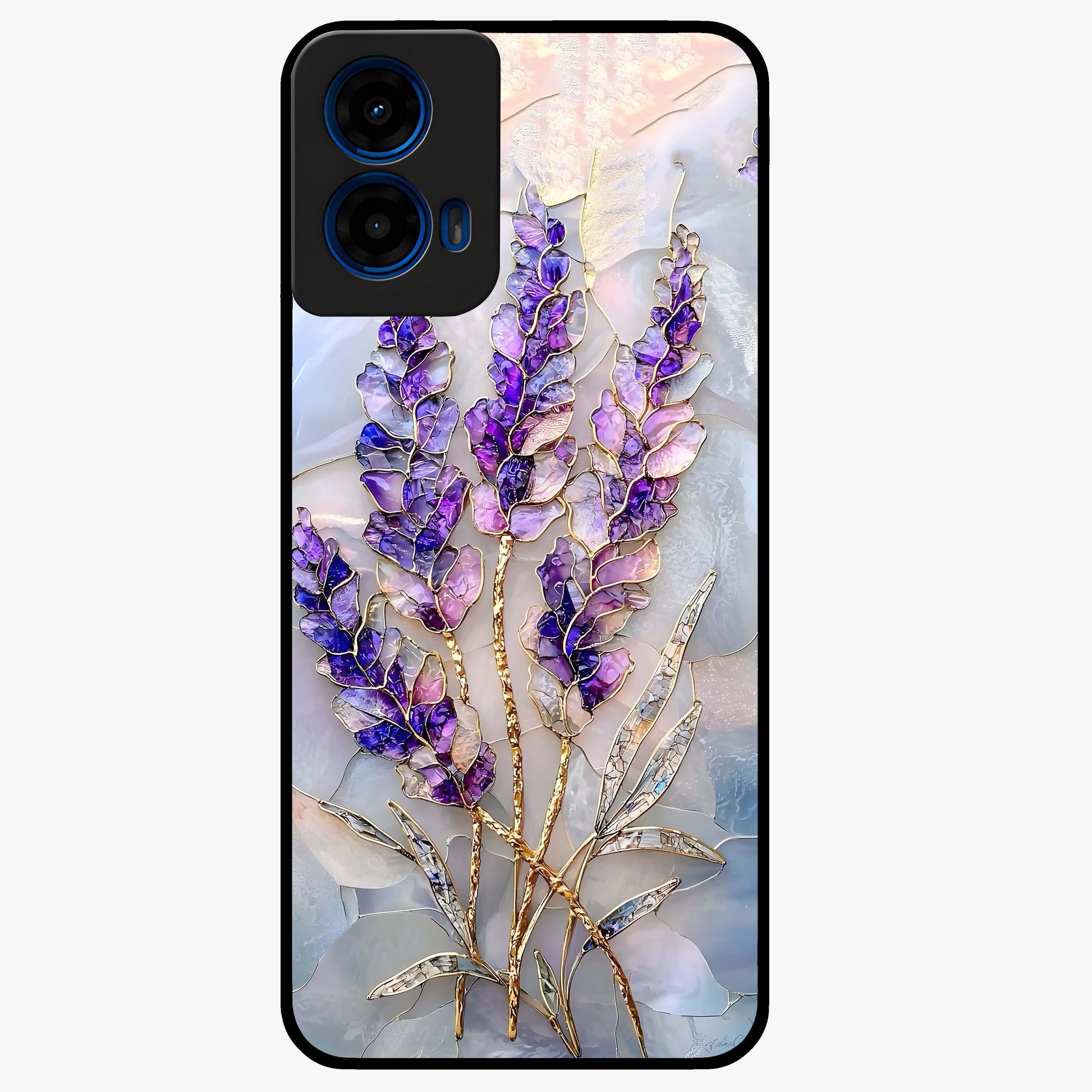 Lavender Dream Glow Glass Case showing flat back view with glowing lavender aesthetic artwork and glossy glass finish.