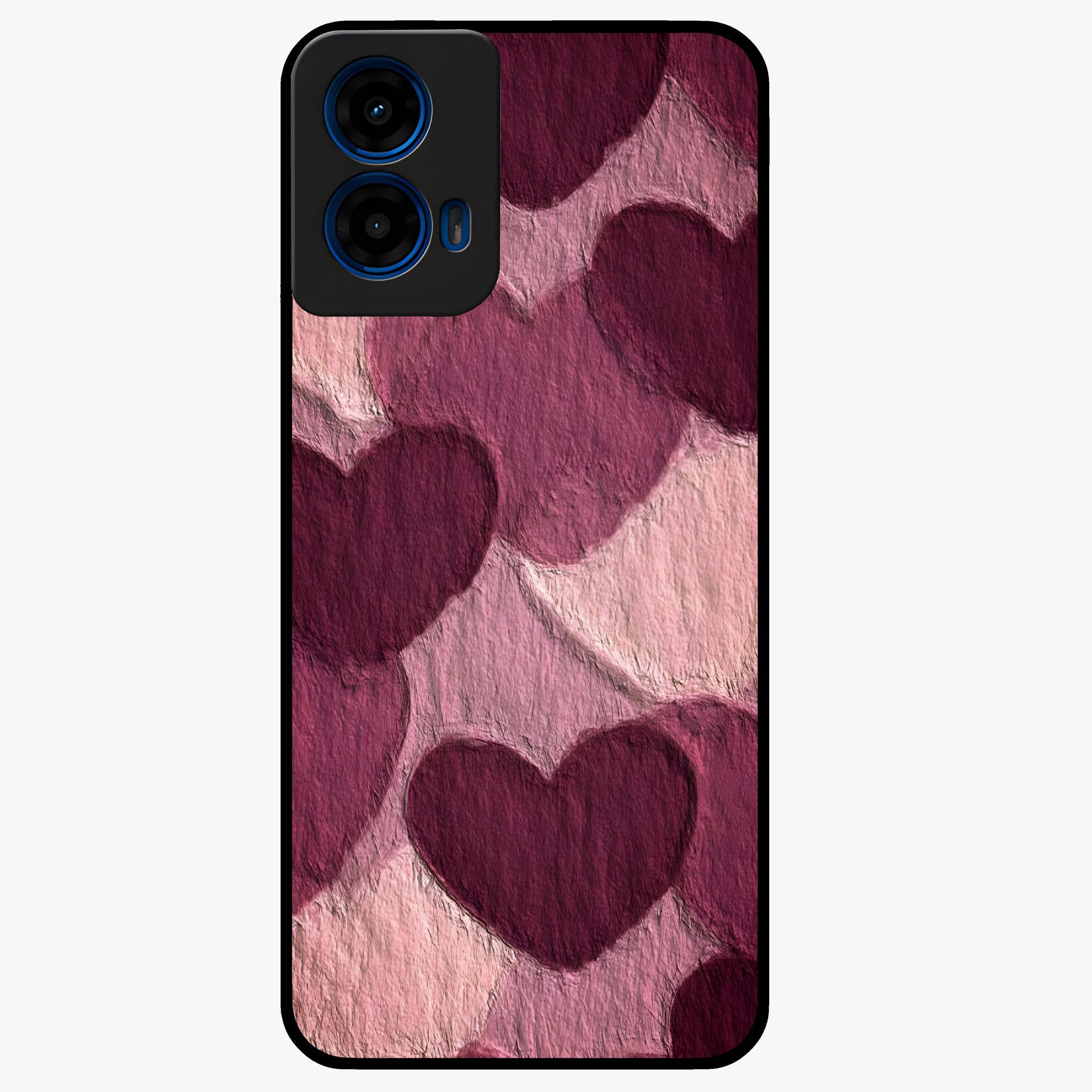Layered Paper Hearts Glass Case showing flat back view with layered paper heart artwork and glossy glass finish.