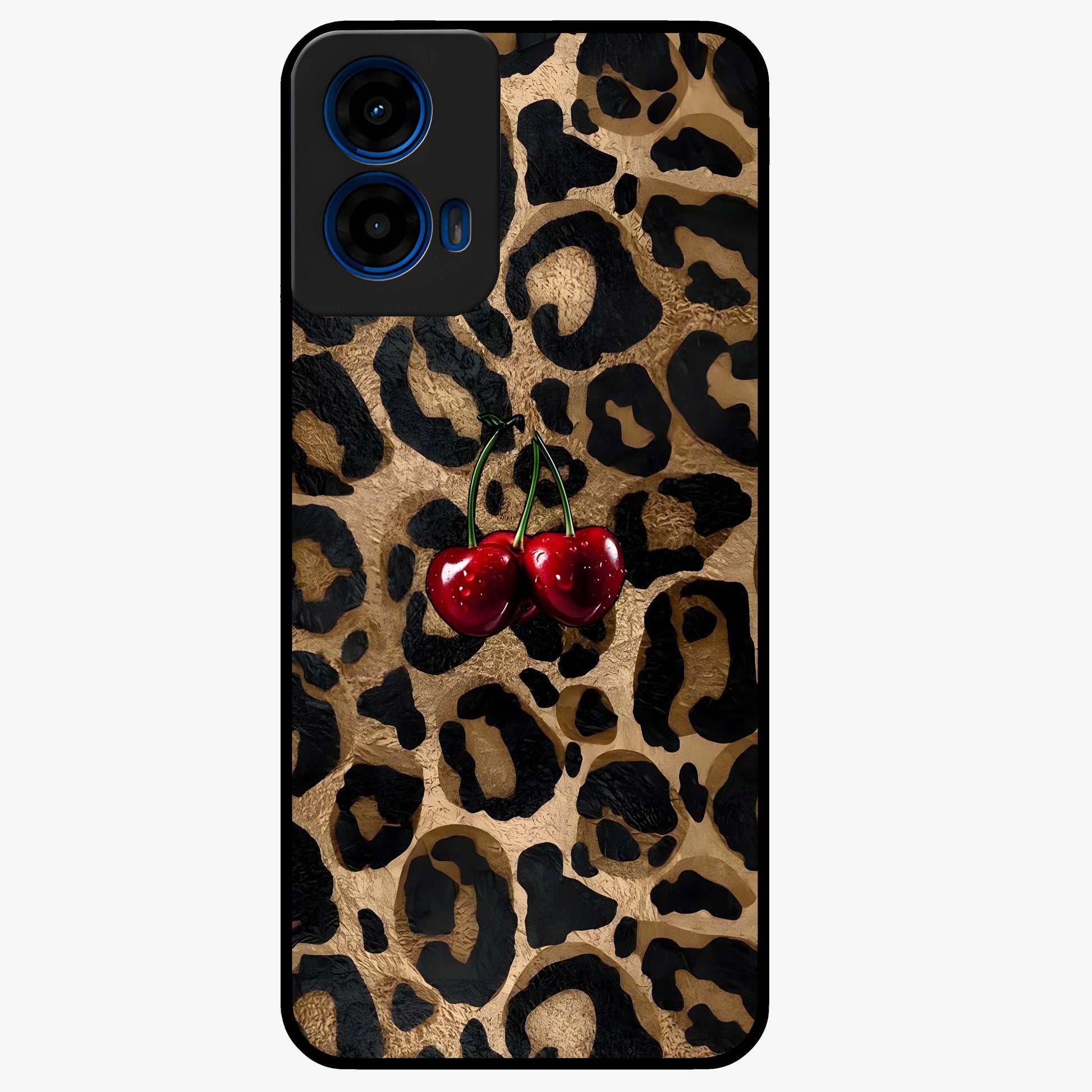 Leopard Wild Cherry Glass Case showing flat back view with leopard pattern and cherry artwork and glossy glass finish.