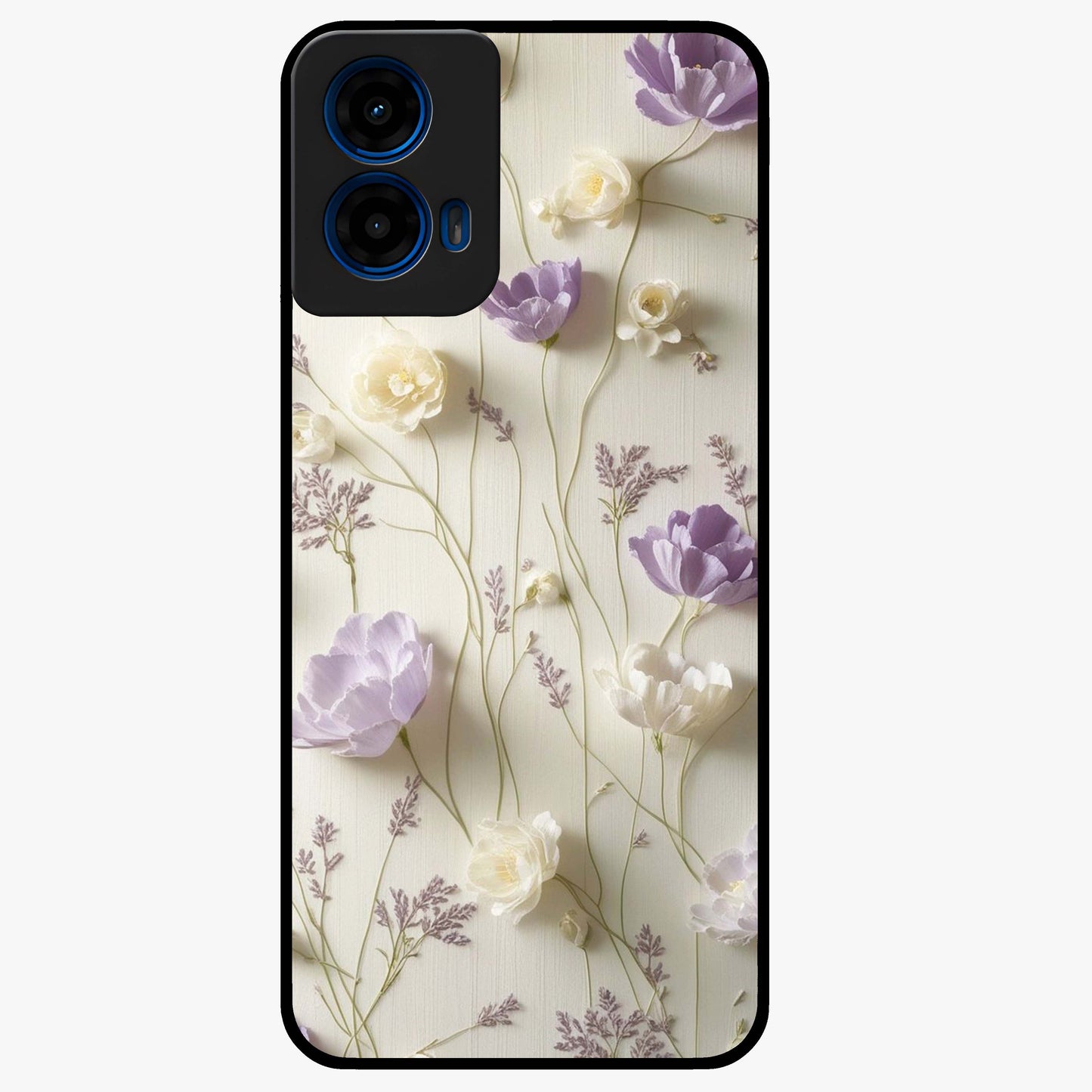 Lilac Breeze Harmony Glass Case showing flat back view with soft lilac themed artwork and glossy glass finish.