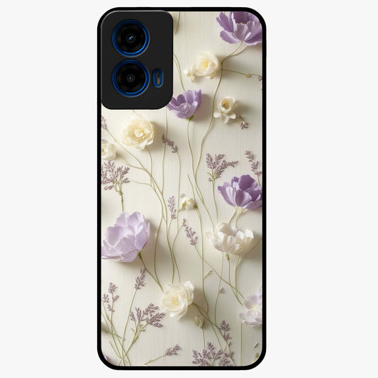 Lilac Breeze Harmony Glass Case showing flat back view with soft lilac themed artwork and glossy glass finish.