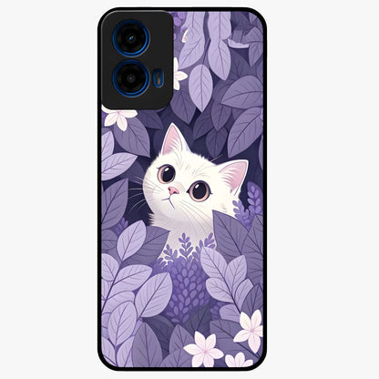 Lilac Hide Peek Cat Glass Case showing flat back view with cute peeking cat artwork and glossy glass finish.